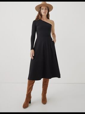 Black One Shoulder Midi Dress Fit Flare PACT Shelf Bra Pockets